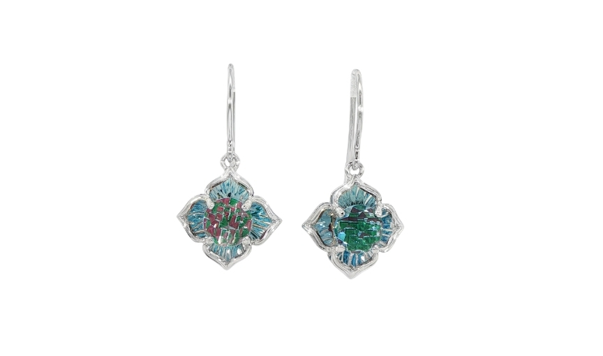 Silver drop earrings with teal gemstone floral design