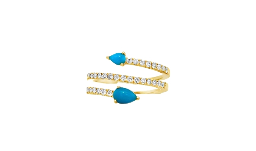 Gold wrap ring with turquoise stones and diamond accents