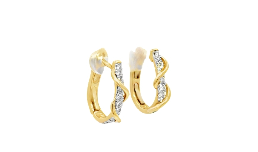 Gold huggie hoop earrings with diamond twist detail