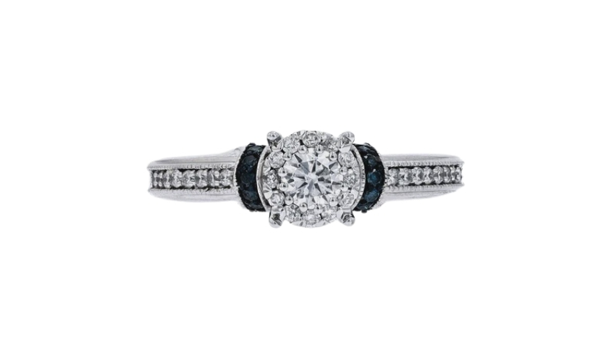 White gold diamond cluster engagement ring with blue accents