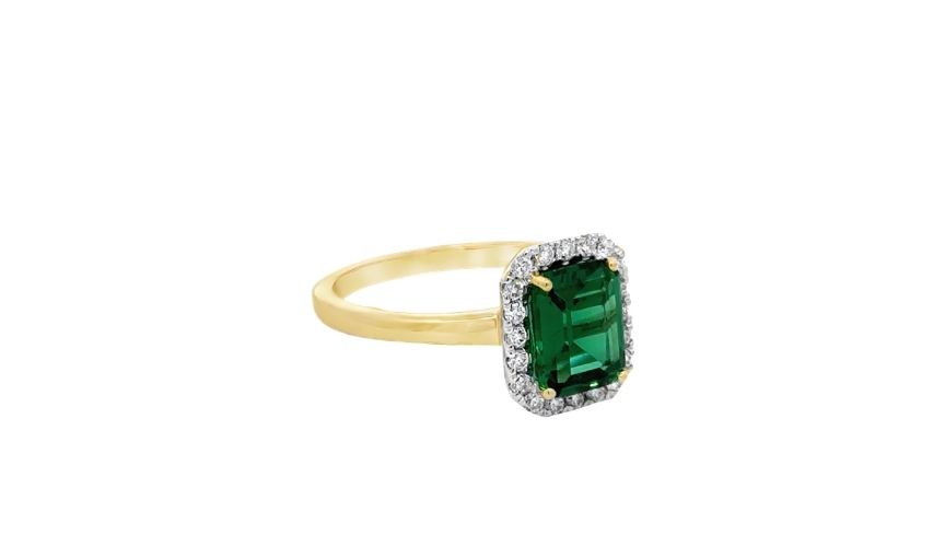 Emerald halo diamond yellow gold gemstone ring