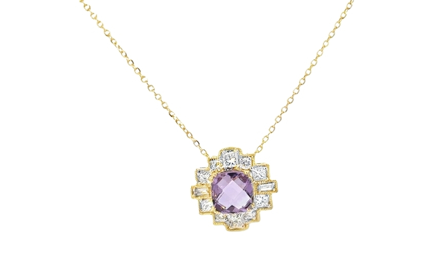 Gold necklace with purple Amethyst and diamond halo