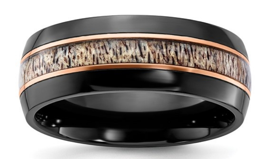 2(1) Black tungsten wedding band with antler inlay ring