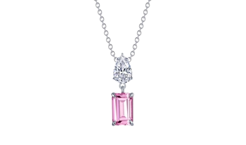 Pear diamond and pink emerald cut drop pendant necklace