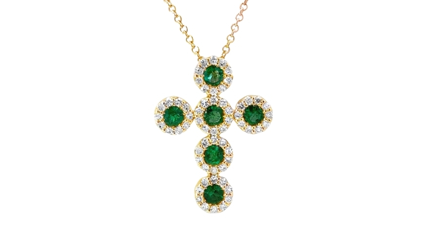 Gold cross pendant with Emerald and diamond halo