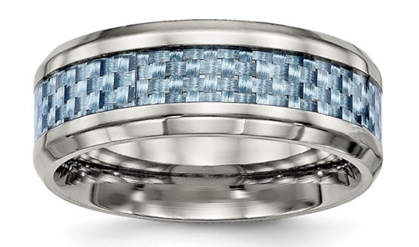 4(1) Silver wedding band with blue carbon fiber inlay