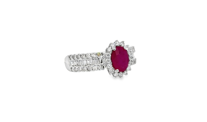 Ruby halo diamond ring in white gold setting