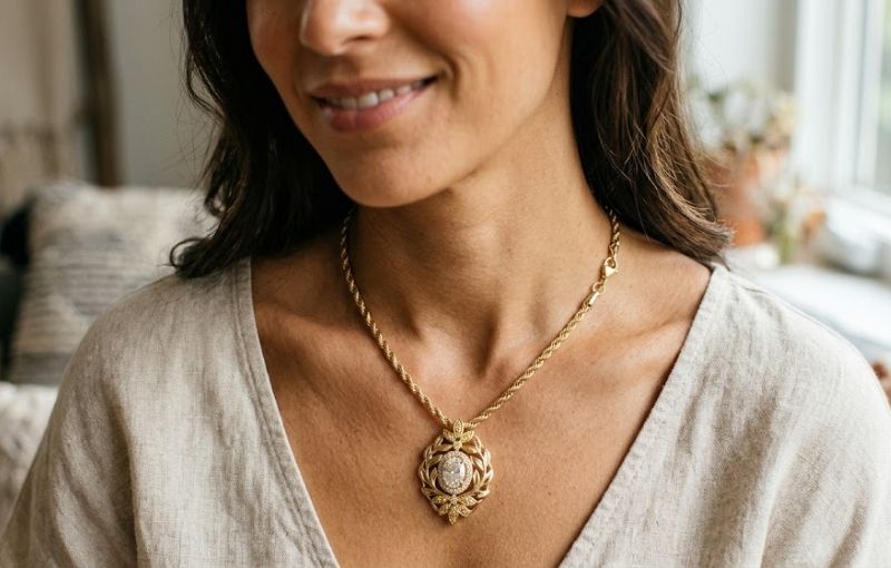 Woman wearing vintage gold pendant necklace close-up