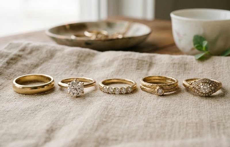 Assorted gold rings lineup on fabric surface