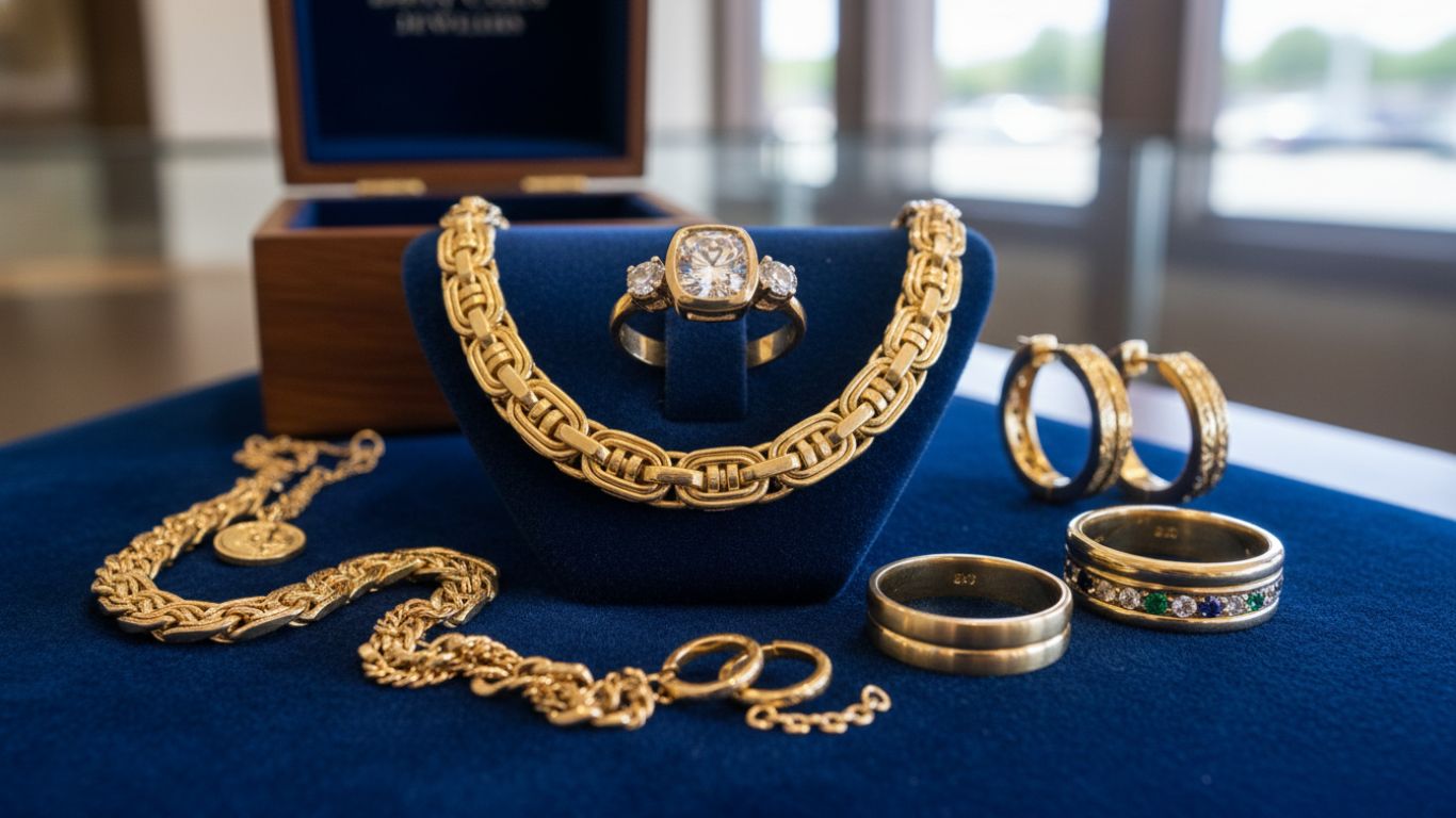 Gold jewelry set with diamond ring and chains display