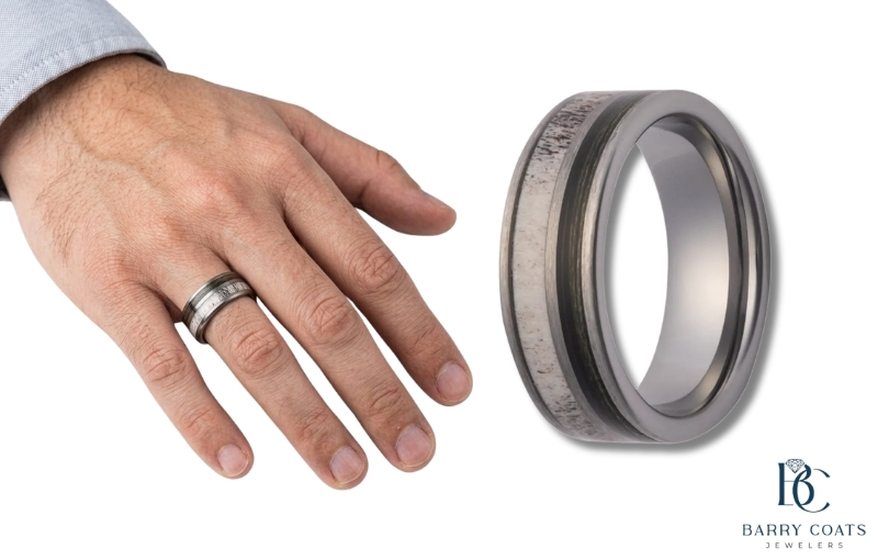 Gray Antler Wedding Band with Tungsten Finish