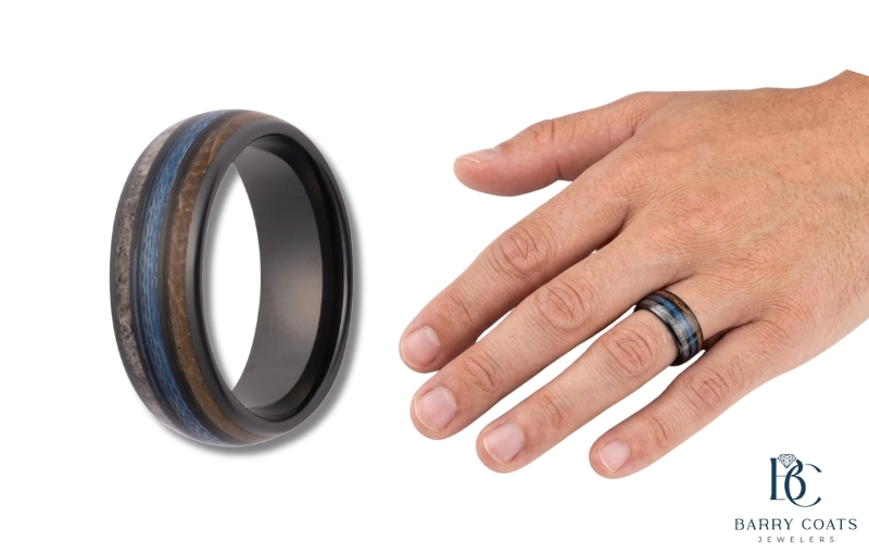 Blue Antler Ring with Wood Inlay on Hand