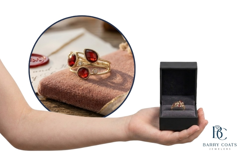 Vintage garnet ring in elegant gift box display