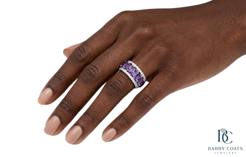 Diamond pavé wedding band on bride's hand