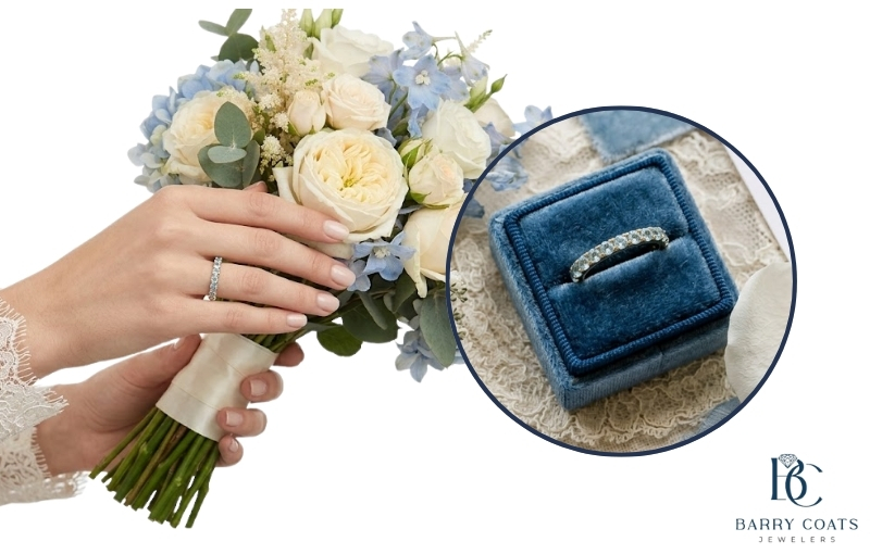 Diamond pavé wedding band on bride's hand