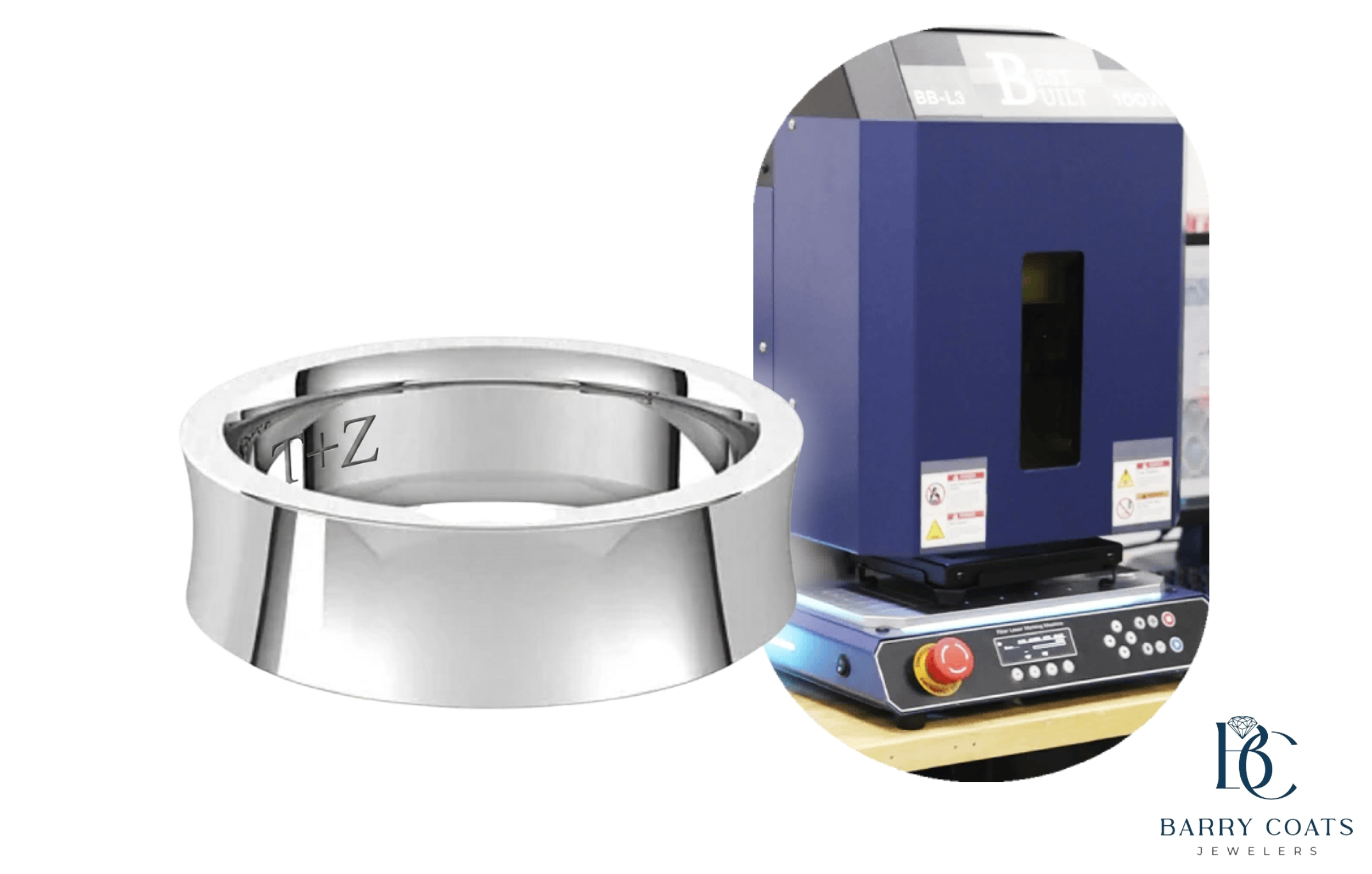 Custom engraved men's wedding band with laser machine White gold diamond pavé eternity ring close-up