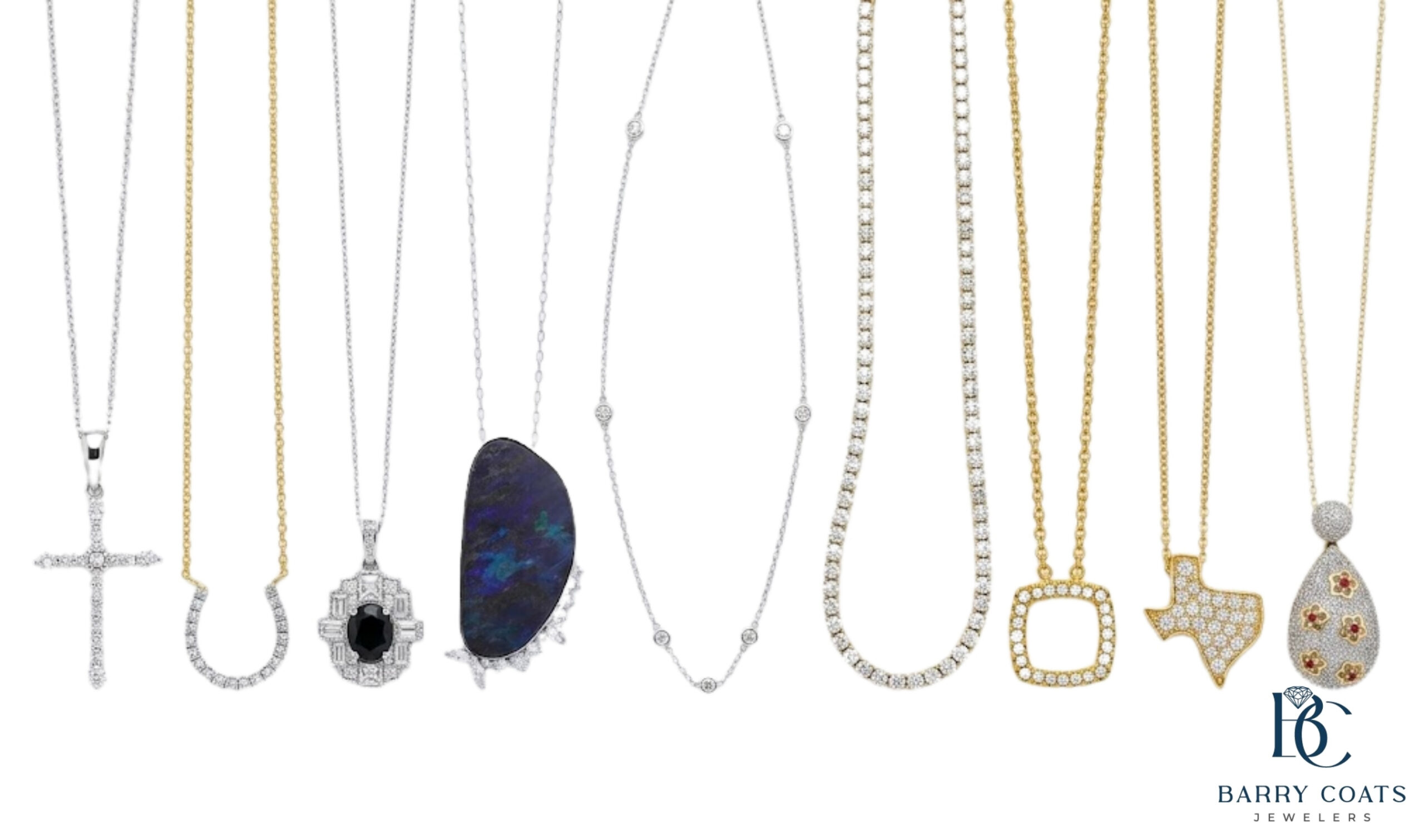 Diamond and gold pendant necklace collection display