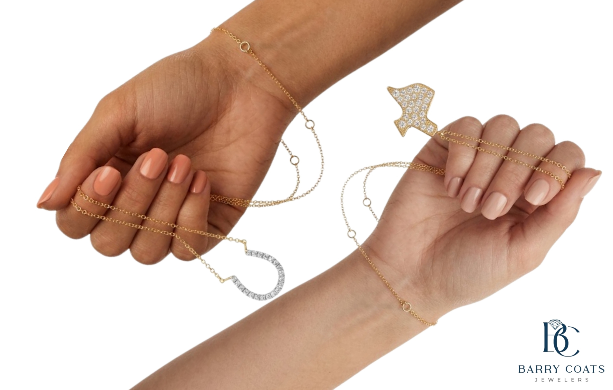 Gold diamond pendant necklaces held by hands White gold diamond pavé eternity ring close-up