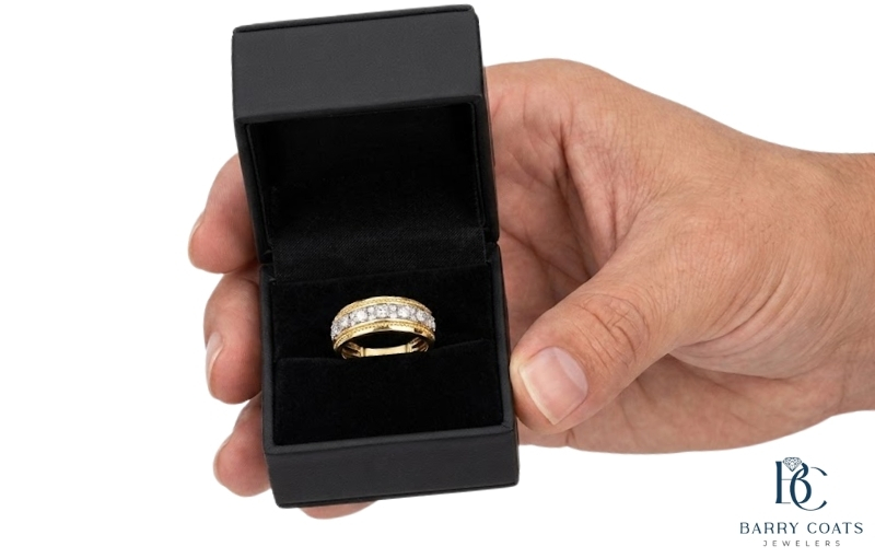 Men's diamond band in luxury ring box White gold diamond pavé eternity ring close-up