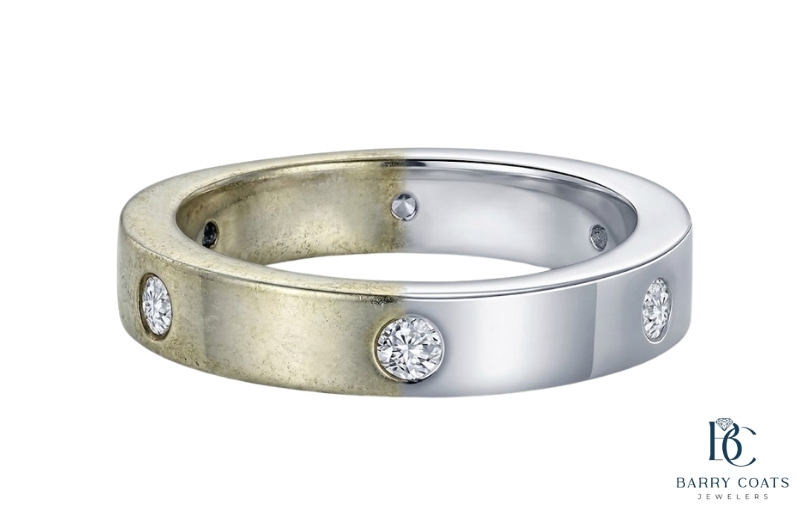 Tarnished silver diamond ring before deep cleaning Diamond pavé wedding band on bride's hand