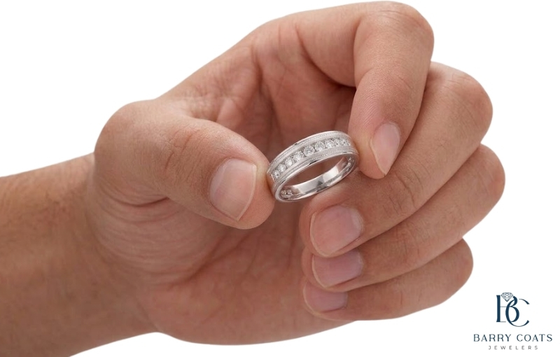 White gold men's diamond band close-up White gold diamond pavé eternity ring close-up
