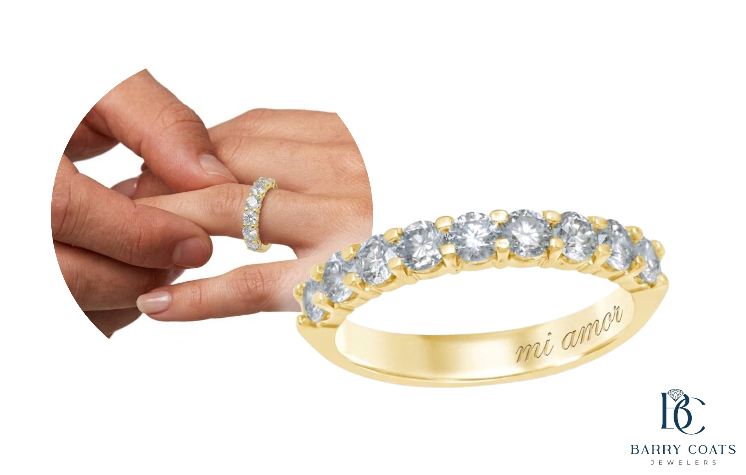 Yellow gold diamond anniversary band with engraving Diamond pavé wedding band on bride's hand