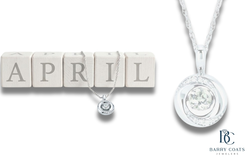 April birthstone necklace with a clear round gem White gold diamond pavé eternity ring close-up