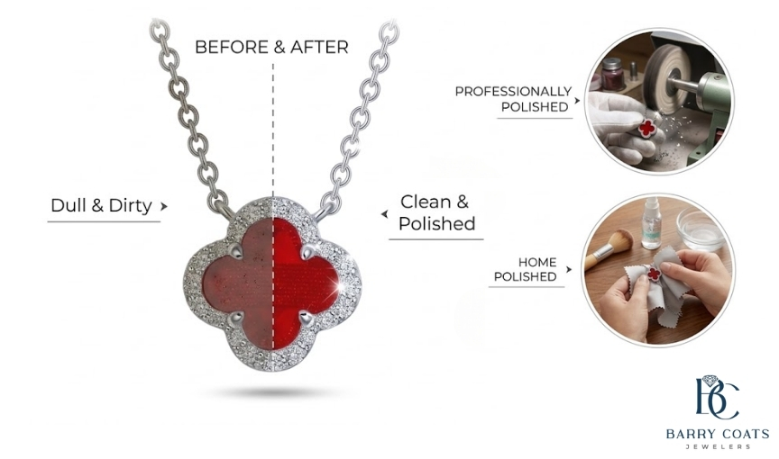 Before and after cleaning a red clover pendant