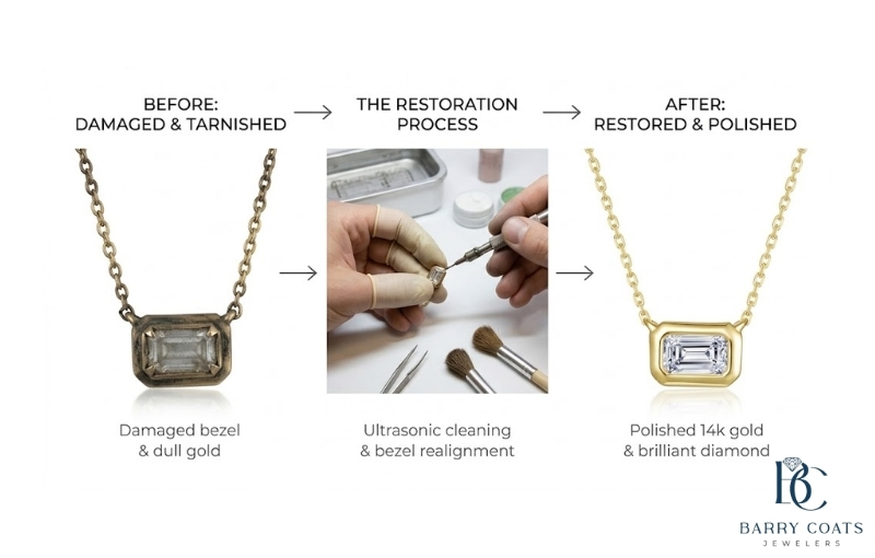Before and after diamond necklace restoration White gold diamond pavé eternity ring close-up