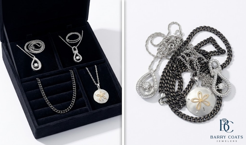 Box of organized necklaces next to tangled ones
