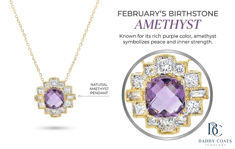 February birthstone natural amethyst gold pendant White gold diamond pavé eternity ring close-up
