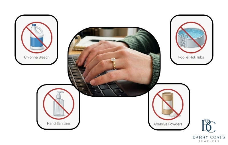 Graphic showing chemicals to avoid with rings White gold diamond pavé eternity ring close-up