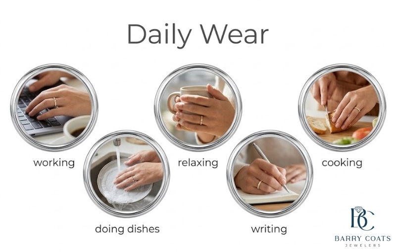 Graphic showing daily wear activities for rings White gold diamond pavé eternity ring close-up