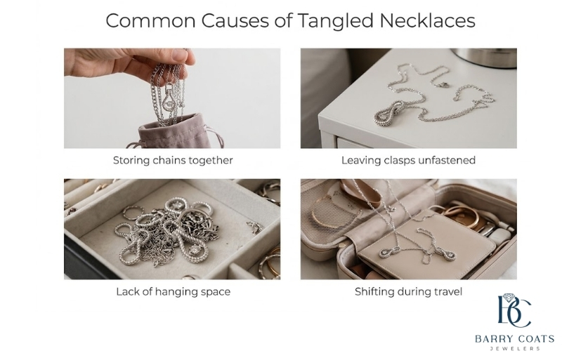 Grid showing four causes of a tangled necklace Diamond pavé wedding band on bride's hand