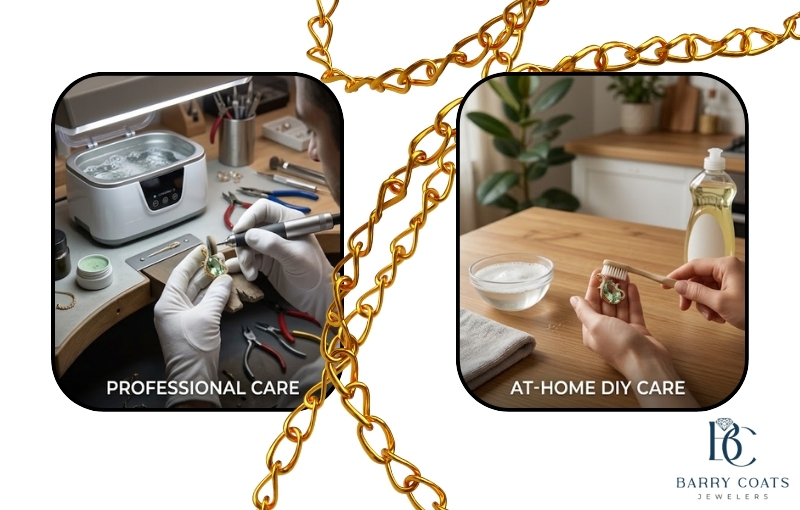 Professional care vs at-home DIY jewelry care White gold diamond pavé eternity ring close-up