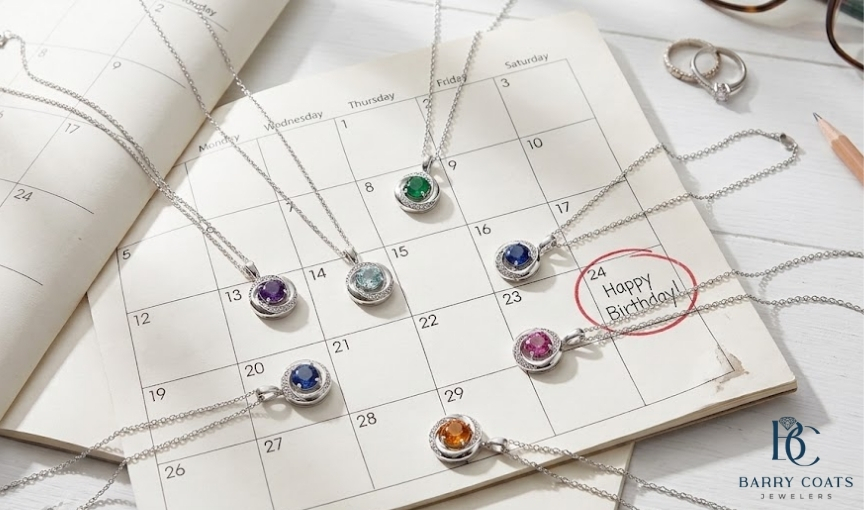 Seven birthstone necklaces resting on a calendar
