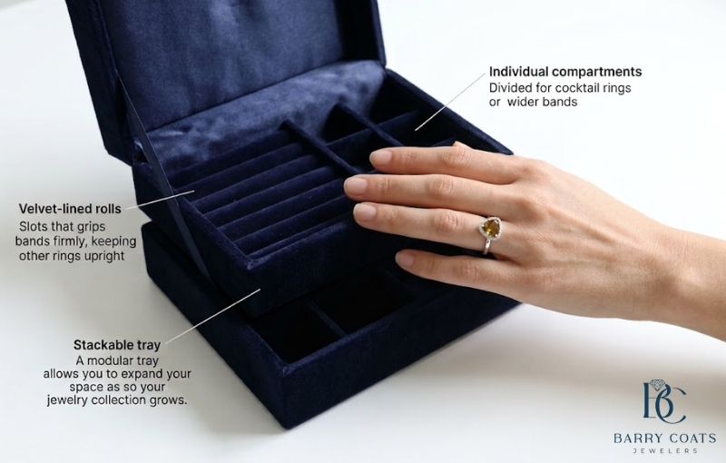 Smart Jewelry Box Organization for Every Metal Image White gold diamond pavé eternity ring close-up