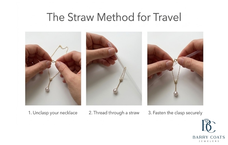 Three steps to safely pack a necklace in a straw White gold diamond pavé eternity ring close-up