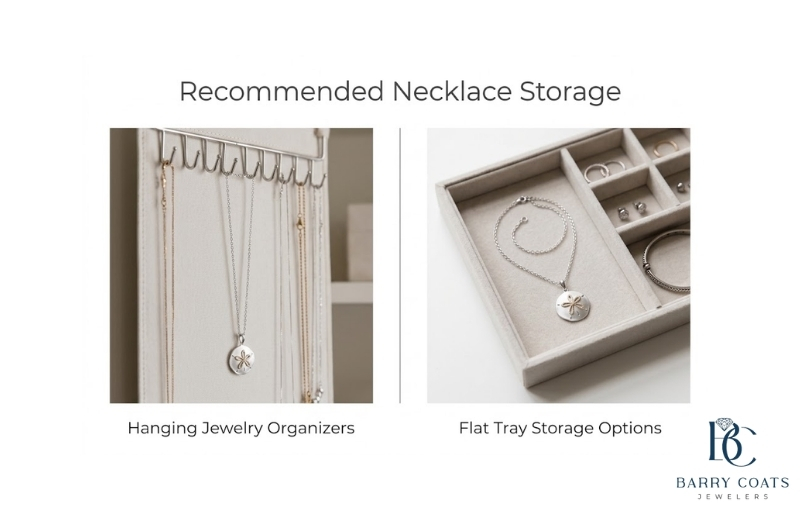 Two recommended methods for storing necklaces White gold diamond pavé eternity ring close-up